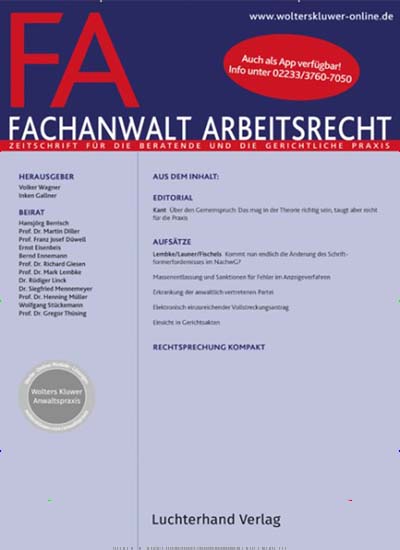 Titelbild der Ausgabe 9/2024 von FA - Fachanwalt Arbeitsrecht. Diese Zeitschrift und viele weitere Jurazeitschriften und Zeitschriften für Verwaltung als Abo oder epaper bei United Kiosk online kaufen.
