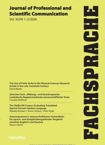 Titelbild der Ausgabe 2/2026 von Fachsprache. Diese Zeitschrift und viele weitere Wissenschaftsmagazine als Abo oder epaper bei United Kiosk online kaufen.