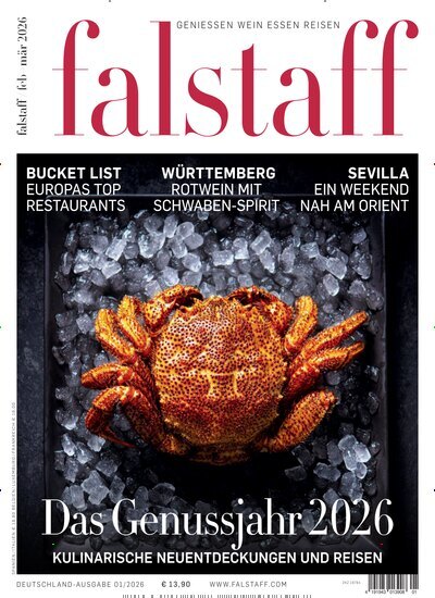 Titelbild der Ausgabe 1/2026 von falstaff Magazin Deutschland. Diese Zeitschrift und viele weitere Kochzeitschriften und Backzeitschriften als Abo oder epaper bei United Kiosk online kaufen.