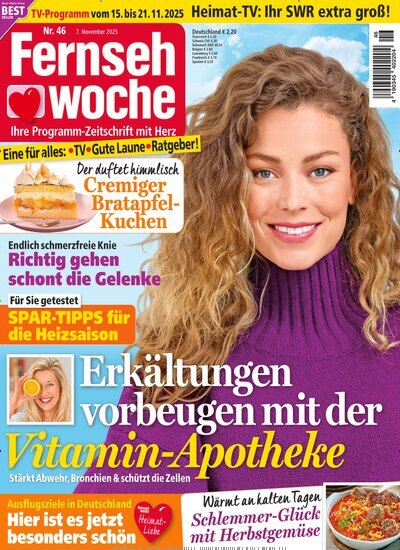 Titelbild der Ausgabe 46/2025 von Fernsehwoche. Diese Zeitschrift und viele weitere Programmzeitschriften als Abo oder epaper bei United Kiosk online kaufen.