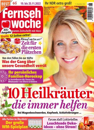 Titelbild der Ausgabe 46/2022 von Fernsehwoche + tv world. Diese Zeitschrift und viele weitere Programmzeitschriften als Abo oder epaper bei United Kiosk online kaufen.