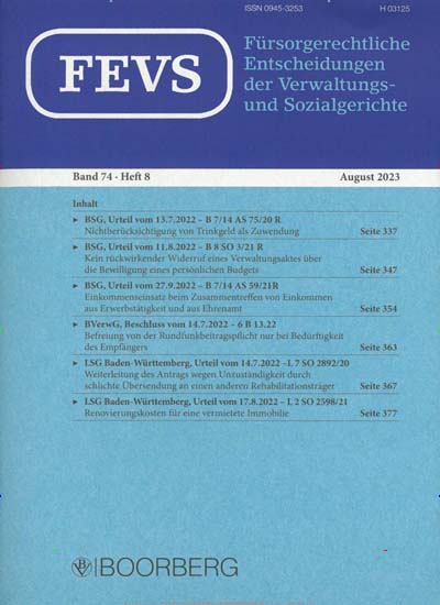 Titelbild der Ausgabe 8/2023 von FEVS Fürsorgerechtliche Entscheidungen der Verwaltungs- und Sozialgerichte. Diese Zeitschrift und viele weitere Jurazeitschriften und Zeitschriften für Verwaltung als Abo oder epaper bei United Kiosk online kaufen.