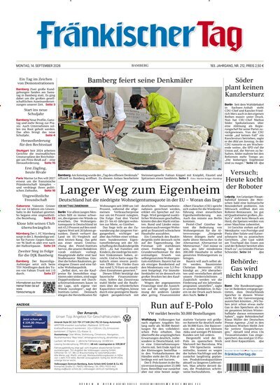 Titelbild der Ausgabe 212/2026 von Fränkischer Tag Bamberg. Diese Zeitschrift und viele weitere Zeitungsabos als Abo oder epaper bei United Kiosk online kaufen.