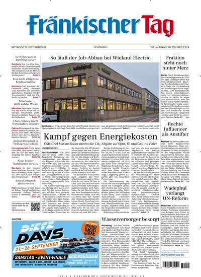 Titelbild der Ausgabe 220/2026 von Fränkischer Tag Bamberg. Diese Zeitschrift und viele weitere Zeitungsabos als Abo oder epaper bei United Kiosk online kaufen.