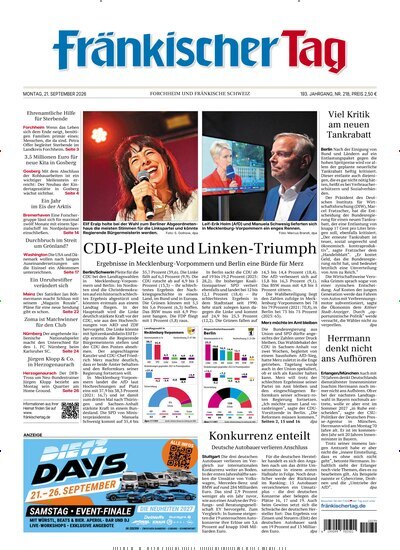 Titelbild der Ausgabe 218/2026 von Fränkischer Tag Forchheim. Diese Zeitschrift und viele weitere Zeitungsabos als Abo oder epaper bei United Kiosk online kaufen.