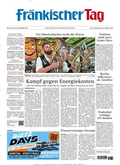 Titelbild der Ausgabe 220/2026 von Fränkischer Tag Forchheim. Diese Zeitschrift und viele weitere Zeitungsabos als Abo oder epaper bei United Kiosk online kaufen.