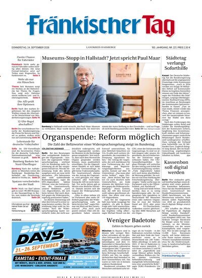 Titelbild der Ausgabe 221/2026 von Fränkischer Tag Haßberge. Diese Zeitschrift und viele weitere Zeitungsabos als Abo oder epaper bei United Kiosk online kaufen.