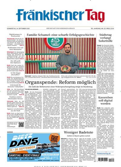 Titelbild der Ausgabe 221/2026 von Fränkischer Tag Höchstadt und Herzogenaurach. Diese Zeitschrift und viele weitere Zeitungsabos als Abo oder epaper bei United Kiosk online kaufen.