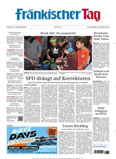 Titelbild der Ausgabe 219/2026 von Fränkischer Tag Kronach. Diese Zeitschrift und viele weitere Zeitungsabos als Abo oder epaper bei United Kiosk online kaufen.