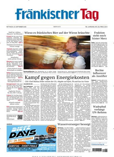 Titelbild der Ausgabe 220/2026 von Fränkischer Tag Kronach. Diese Zeitschrift und viele weitere Zeitungsabos als Abo oder epaper bei United Kiosk online kaufen.