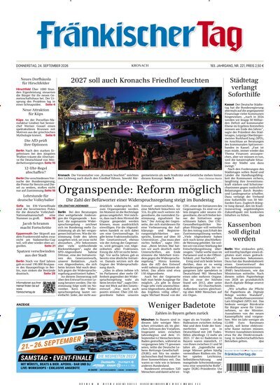 Titelbild der Ausgabe 221/2026 von Fränkischer Tag Kronach. Diese Zeitschrift und viele weitere Zeitungsabos als Abo oder epaper bei United Kiosk online kaufen.
