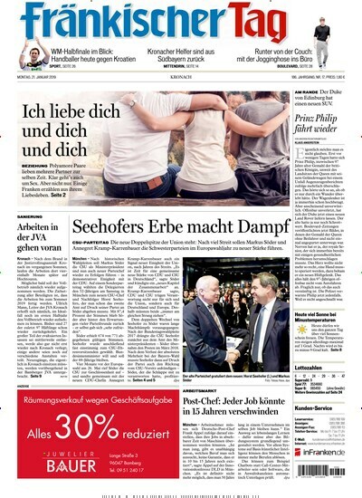 Fränkischer Tag Kronach - epaper aktuelles Titelbild Ausgabe 17/2019 Aktuelles Titelbild von Fränkischer Tag Kronach - epaper. Entdecken Sie jetzt die Ausgabe 17/2019. Lesen Sie gerne Zeitungsabos? Dann empfehlen wir Ihnen Fränkischer Tag Kronach - epaper als digitales Abo (eAbo) und Einzelheft zum sofort Loslesen oder als Geschenkabo zum Vorbestellen.