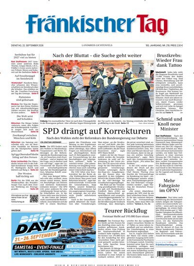 Titelbild der Ausgabe 219/2026 von Fränkischer Tag Landkreis Lichtenfels. Diese Zeitschrift und viele weitere Zeitungsabos als Abo oder epaper bei United Kiosk online kaufen.
