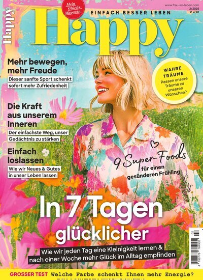 Titelbild der Ausgabe 2/2025 von Frau im Leben Happy. Diese Zeitschrift und viele weitere Frauenzeitschriften als Abo oder epaper bei United Kiosk online kaufen.