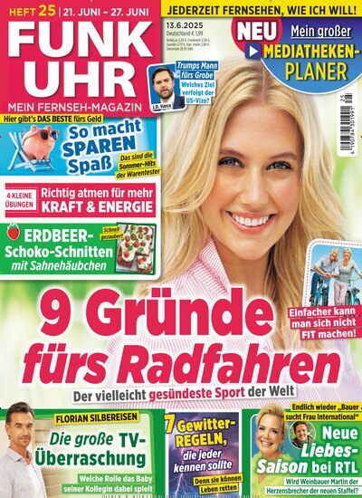Titelbild der Ausgabe 25/2025 von Funk Uhr. Diese Zeitschrift und viele weitere Programmzeitschriften als Abo oder epaper bei United Kiosk online kaufen.