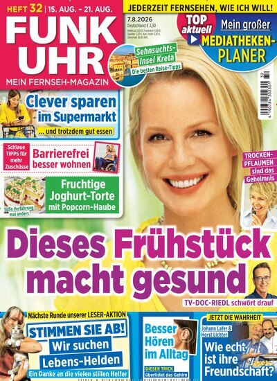 Titelbild der Ausgabe 32/2026 von Funk Uhr. Diese Zeitschrift und viele weitere Programmzeitschriften als Abo oder epaper bei United Kiosk online kaufen.