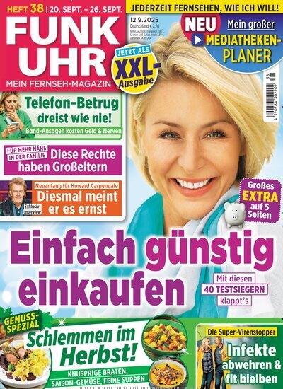 Titelbild der Ausgabe 38/2025 von Funk Uhr. Diese Zeitschrift und viele weitere Programmzeitschriften als Abo oder epaper bei United Kiosk online kaufen.