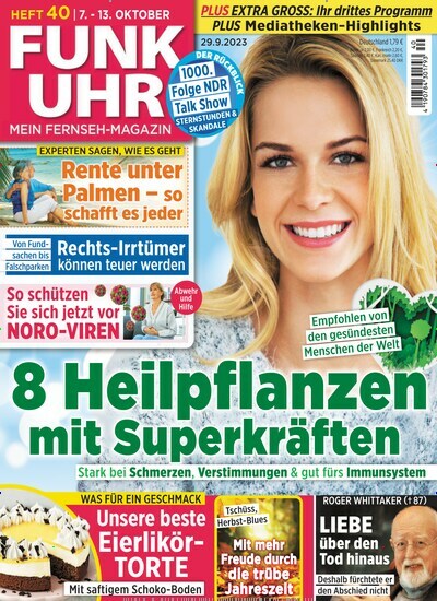 Titelbild der Ausgabe 40/2023 von Funk Uhr. Diese Zeitschrift und viele weitere Programmzeitschriften als Abo oder epaper bei United Kiosk online kaufen.