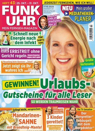 Titelbild der Ausgabe 43/2025 von Funk Uhr. Diese Zeitschrift und viele weitere Programmzeitschriften als Abo oder epaper bei United Kiosk online kaufen.