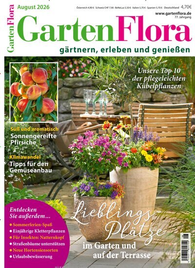 Titelbild der Ausgabe 8/2026 von GartenFlora. Diese Zeitschrift und viele weitere Gartenzeitschriften und Wohnzeitschriften als Abo oder epaper bei United Kiosk online kaufen.