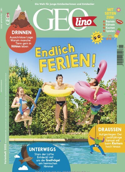 Titelbild der Ausgabe 1/2025 von GEOlino Ferienheft. Diese Zeitschrift und viele weitere Jugendzeitschriften und Kinderzeitschriften als Abo oder epaper bei United Kiosk online kaufen.