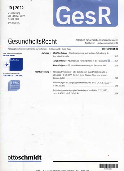 Titelbild der Ausgabe 10/2022 von GesundheitsRecht (GesR). Diese Zeitschrift und viele weitere Jurazeitschriften und Zeitschriften für Verwaltung als Abo oder epaper bei United Kiosk online kaufen.