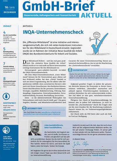 Titelbild der Ausgabe 15/2015 von GmbH-Brief aktuell. Diese Zeitschrift und viele weitere Businessmagazine als Abo oder epaper bei United Kiosk online kaufen.