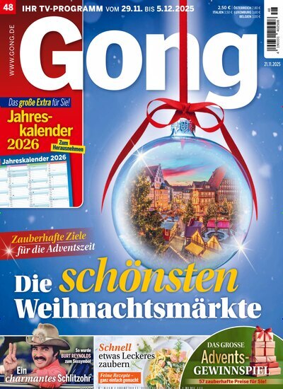 Titelbild der Ausgabe 48/2025 von Gong. Diese Zeitschrift und viele weitere Programmzeitschriften als Abo oder epaper bei United Kiosk online kaufen.