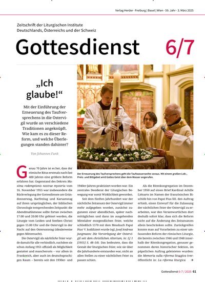 Titelbild der Ausgabe 6/2025 von Gottesdienst. Diese Zeitschrift und viele weitere Kunstmagazine und Kulturmagazine als Abo oder epaper bei United Kiosk online kaufen.