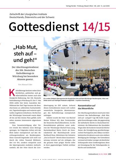 Titelbild der Ausgabe 14/2026 von Gottesdienst. Diese Zeitschrift und viele weitere Kunstmagazine und Kulturmagazine als Abo oder epaper bei United Kiosk online kaufen.