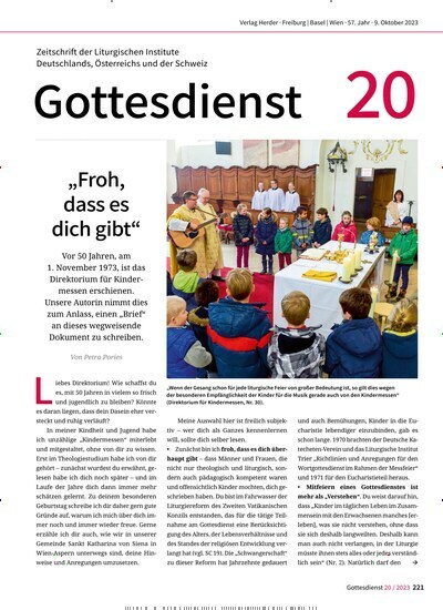 Titelbild der Ausgabe 20/2023 von Gottesdienst. Diese Zeitschrift und viele weitere Kunstmagazine und Kulturmagazine als Abo oder epaper bei United Kiosk online kaufen.
