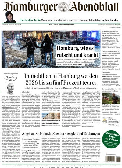 Titelbild der Ausgabe 4/2026 von Hamburger Abendblatt. Diese Zeitschrift und viele weitere Zeitungsabos als Abo oder epaper bei United Kiosk online kaufen.