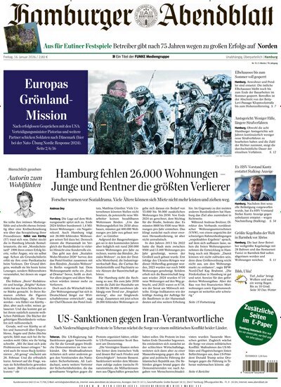 Titelbild der Ausgabe 13/2026 von Hamburger Abendblatt. Diese Zeitschrift und viele weitere Zeitungsabos als Abo oder epaper bei United Kiosk online kaufen.