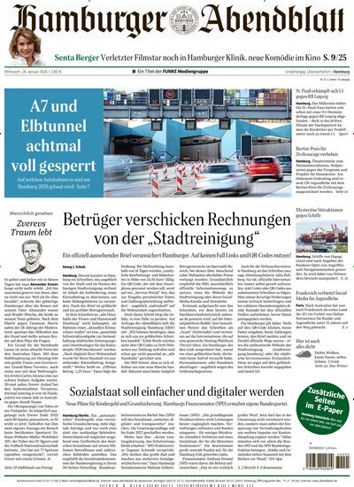 Titelbild der Ausgabe 23/2026 von Hamburger Abendblatt. Diese Zeitschrift und viele weitere Zeitungsabos als Abo oder epaper bei United Kiosk online kaufen.