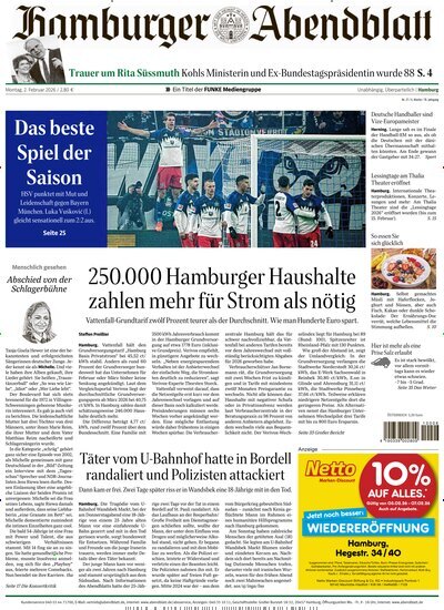 Titelbild der Ausgabe 27/2026 von Hamburger Abendblatt. Diese Zeitschrift und viele weitere Zeitungsabos als Abo oder epaper bei United Kiosk online kaufen.