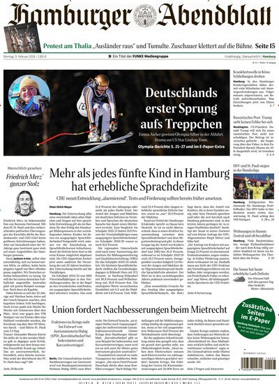 Titelbild der Ausgabe 33/2026 von Hamburger Abendblatt. Diese Zeitschrift und viele weitere Zeitungsabos als Abo oder epaper bei United Kiosk online kaufen.