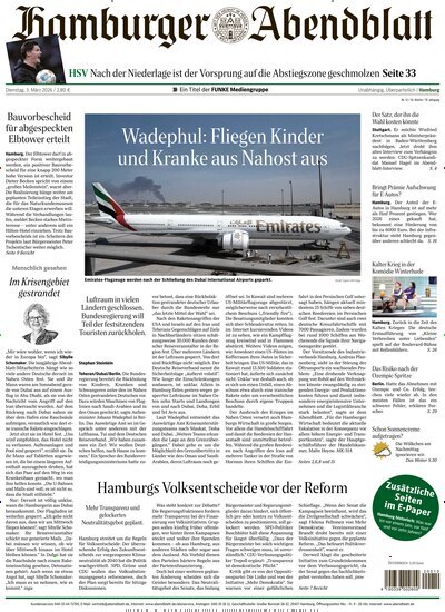 Titelbild der Ausgabe 52/2026 von Hamburger Abendblatt. Diese Zeitschrift und viele weitere Zeitungsabos als Abo oder epaper bei United Kiosk online kaufen.