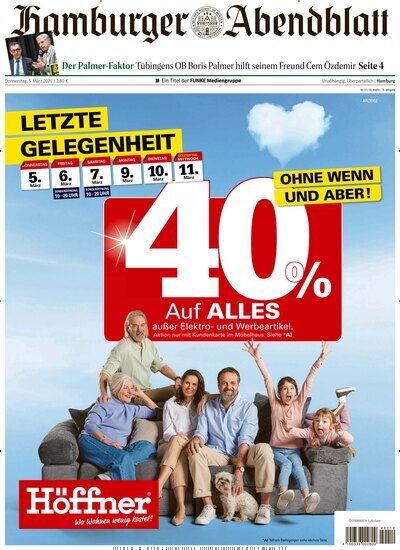Titelbild der Ausgabe 54/2026 von Hamburger Abendblatt. Diese Zeitschrift und viele weitere Zeitungsabos als Abo oder epaper bei United Kiosk online kaufen.