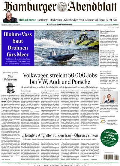 Titelbild der Ausgabe 59/2026 von Hamburger Abendblatt. Diese Zeitschrift und viele weitere Zeitungsabos als Abo oder epaper bei United Kiosk online kaufen.