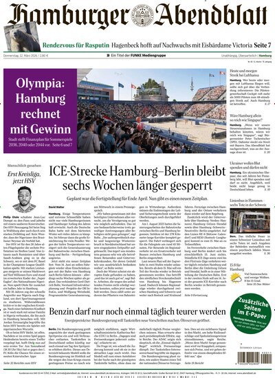 Titelbild der Ausgabe 60/2026 von Hamburger Abendblatt. Diese Zeitschrift und viele weitere Zeitungsabos als Abo oder epaper bei United Kiosk online kaufen.