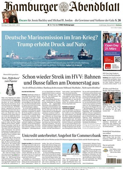 Titelbild der Ausgabe 64/2026 von Hamburger Abendblatt. Diese Zeitschrift und viele weitere Zeitungsabos als Abo oder epaper bei United Kiosk online kaufen.
