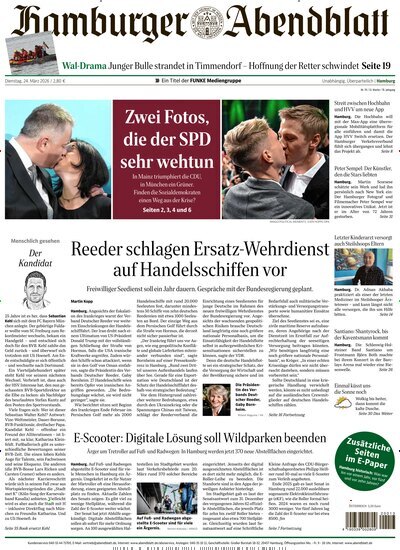 Titelbild der Ausgabe 70/2026 von Hamburger Abendblatt. Diese Zeitschrift und viele weitere Zeitungsabos als Abo oder epaper bei United Kiosk online kaufen.
