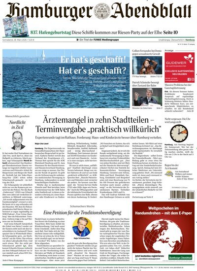 Titelbild der Ausgabe 74/2026 von Hamburger Abendblatt. Diese Zeitschrift und viele weitere Zeitungsabos als Abo oder epaper bei United Kiosk online kaufen.