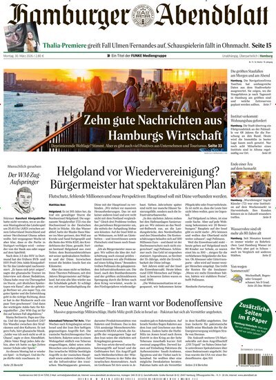 Titelbild der Ausgabe 75/2026 von Hamburger Abendblatt. Diese Zeitschrift und viele weitere Zeitungsabos als Abo oder epaper bei United Kiosk online kaufen.
