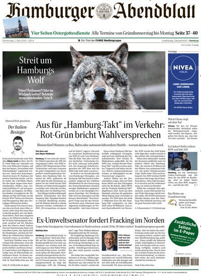 Titelbild der Ausgabe 78/2026 von Hamburger Abendblatt. Diese Zeitschrift und viele weitere Zeitungsabos als Abo oder epaper bei United Kiosk online kaufen.