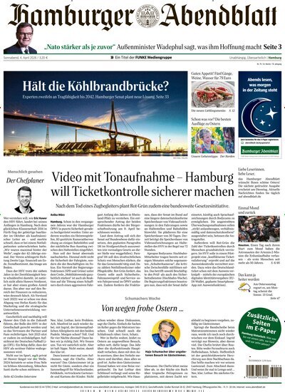 Titelbild der Ausgabe 79/2026 von Hamburger Abendblatt. Diese Zeitschrift und viele weitere Zeitungsabos als Abo oder epaper bei United Kiosk online kaufen.