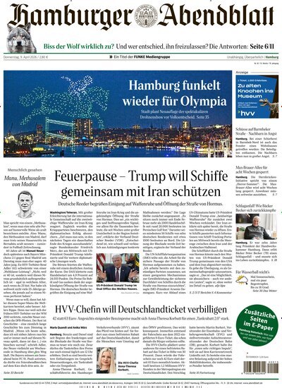 Titelbild der Ausgabe 82/2026 von Hamburger Abendblatt. Diese Zeitschrift und viele weitere Zeitungsabos als Abo oder epaper bei United Kiosk online kaufen.