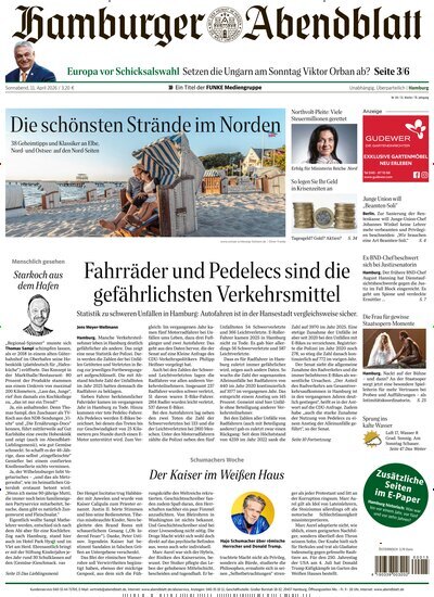 Titelbild der Ausgabe 84/2026 von Hamburger Abendblatt. Diese Zeitschrift und viele weitere Zeitungsabos als Abo oder epaper bei United Kiosk online kaufen.
