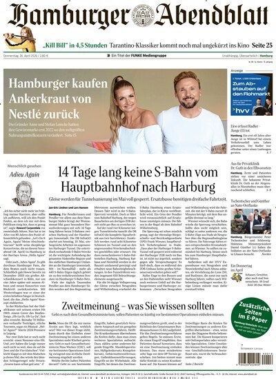 Titelbild der Ausgabe 88/2026 von Hamburger Abendblatt. Diese Zeitschrift und viele weitere Zeitungsabos als Abo oder epaper bei United Kiosk online kaufen.