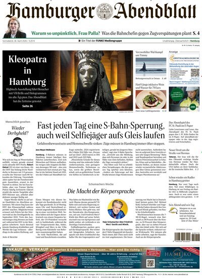 Titelbild der Ausgabe 90/2026 von Hamburger Abendblatt. Diese Zeitschrift und viele weitere Zeitungsabos als Abo oder epaper bei United Kiosk online kaufen.